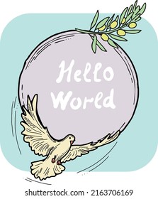 Nature frame border with doves and olive branch. Symbol of peace in the world, hope, faith, love. Bridal decorative element template. Hand drawn vintage style illustration. Cartoon line vector drawing