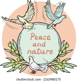 Naturrahmen mit Tauben und Olivenzweig. Symbol des Friedens in der Welt, Hoffnung, Glauben, Liebe. Bridal dekorative Elementvorlage. Handgezeichnete Vintage-Stil-Illustration. Cartoon-Linie, Vektorgrafik