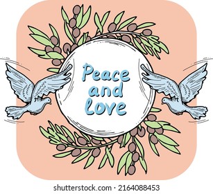 Nature frame border with doves and olive branch. Symbol of peace in the world, hope, faith, love. Bridal decorative element template. Hand drawn vintage style illustration. Cartoon line vector drawing