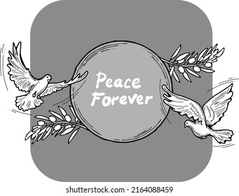 Nature frame border with doves and olive branch. Symbol of peace in the world, hope, faith, love. Bridal decorative element template. Hand drawn vintage style illustration. Cartoon line vector drawing