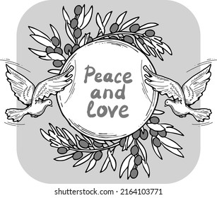 La naturaleza enmarca la frontera con las palomas y la rama de olivo. Símbolo de paz en el mundo, esperanza, fe, amor. Plantilla de elemento decorativo de novia. Ilustración de estilo vintage dibujada a mano. Dibujo vectorial de línea de dibujos animados