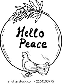 La naturaleza enmarca la frontera con las palomas y la rama de olivo. Símbolo de paz en el mundo, esperanza, fe, amor. Plantilla de elemento decorativo de novia. Ilustración de estilo vintage dibujada a mano. Dibujo vectorial de línea de dibujos animados