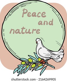 La naturaleza enmarca la frontera con las palomas y la rama de olivo. Símbolo de paz en el mundo, esperanza, fe, amor. Plantilla de elemento decorativo de novia. Ilustración de estilo vintage dibujada a mano. Dibujo vectorial de línea de dibujos animados