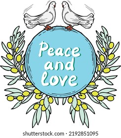 Nature frame border with doves and olive branch. Symbol of peace in the world, hope, faith, love. Bridal decorative element template. Hand drawn vintage style illustration. White line vector drawing.