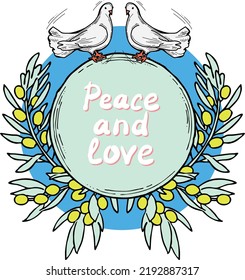 La naturaleza enmarca la frontera con las palomas y la rama de olivo. Símbolo de paz en el mundo, esperanza, fe, amor. Plantilla de elemento decorativo de novia. Ilustración de estilo vintage dibujada a mano. Dibujo vectorial de línea blanca.