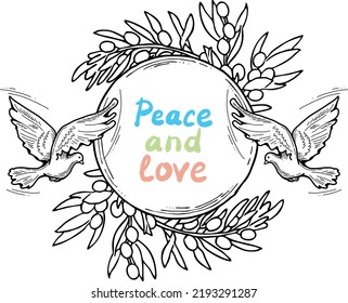 Nature frame border with doves and olive branch. Symbol of peace in the world, hope, faith, love. Bridal decorative element template. Hand drawn vintage style illustration. White line vector drawing.