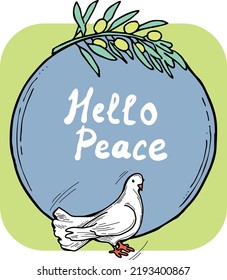 Nature frame border with doves and olive branch. Symbol of peace in the world, hope, faith, love. Bridal decorative element template. Hand drawn vintage style illustration. White line vector drawing.