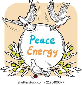 Nature frame border with doves and olive branch. Symbol of peace in the world, hope, faith, love. Bridal decorative element template. Hand drawn vintage style illustration. White line vector drawing.