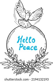 Nature frame border with doves and olive branch. Symbol of peace in the world, hope, faith, love. Bridal decorative element template. Hand drawn vintage style illustration. White line vector drawing.