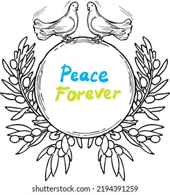 Nature frame border with doves and olive branch. Symbol of peace in the world, hope, faith, love. Bridal decorative element template. Hand drawn vintage style illustration. White line vector drawing.