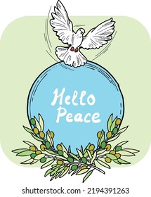 Nature frame border with doves and olive branch. Symbol of peace in the world, hope, faith, love. Bridal decorative element template. Hand drawn vintage style illustration. White line vector drawing.