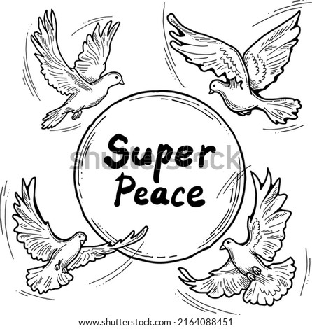 Nature frame border with doves and olive branch. Symbol of peace in the world, hope, faith, love. Bridal decorative element template. Hand drawn vintage style illustration. Cartoon line vector drawing