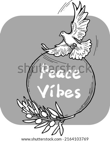 Nature frame border with doves and olive branch. Symbol of peace in the world, hope, faith, love. Bridal decorative element template. Hand drawn vintage style illustration. Cartoon line vector drawing