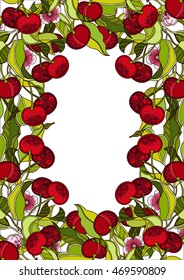 Nature frame pattern with Branches, leaves, berries, flowers, cherry in ornamental style. Floral, ornate, decorative color garden abstract background.