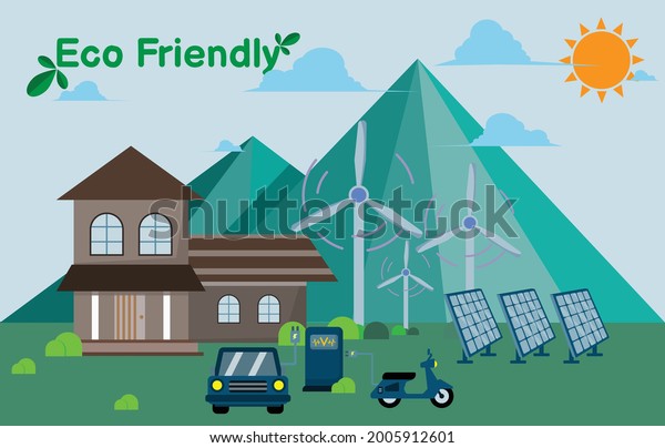 nature friendly home, renewable energy, use solar\
and wind power to generate electricity,  concept green energy eco\
environmentally electric vehicles, including energy saving.flat\
illustration vector