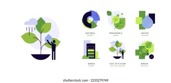 Nature friendly lifestyle. Neutral living. Go green. Ecological concepts. Modern flat illustrations. Set of icons. Vector file.