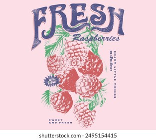 Natur Fruit Club Print Design. Bio-Beeren-Food-Kunstwerk für T-Shirt. Obst Vintage T-Shirt Design. Frische Himbeere Kunstwerke. Bio-Obstmarkt. Himbeerfrucht-Print.