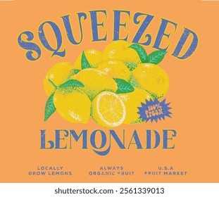 Nature fruit club print design. Organic food artwork for for t-shirt. Fruit vintage t-shirt design. Squeezed art. Summer food poster design. Lemon fruit artwork. Fresh lemon fruit print. Lemonade art.