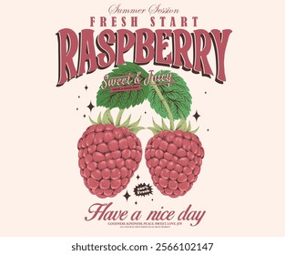 Nature fruit club print design. Raspberry fruit artwork. Fresh Raspberry fruit print. Organic food artwork for for t-shirt. Organic farm poster design. Raspberry art.