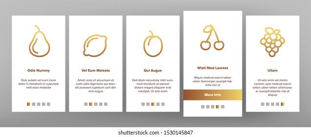 Nature Fruit Onboarding Mobile App Page Screen Elements Vector Icons Set Thin Line. Pineapple And Apple, Strawberry And Grape, Cherry And Lemon Delicious Fruit Linear Pictograms. Contour Illustrations