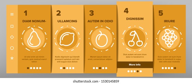 Nature Fruit Onboarding Mobile App Page Screen Elements Vector Icons Set Thin Line. Pineapple And Apple, Strawberry And Grape, Cherry And Lemon Delicious Fruit Linear Pictograms. Contour Illustrations