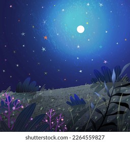 Nature full moon landscape under the stars at night, plants and grass field scenery. Shiny full moon in dark sky. Hand drawn surreal nature background vector illustration.