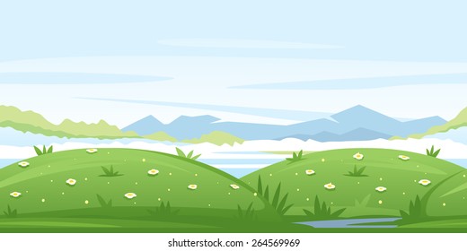 Nature game background with green meadows and glades, ground with plants and flowers, mountains landscape, blue sky, tileable horizontally