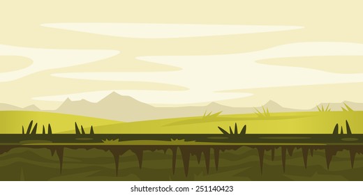 Nature game background landscape, tileable horizontally, green hills, ground with grass, mountains