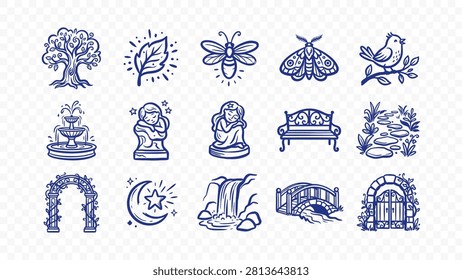 nature garden landscape park tree bird bench bridge fountain scenery outdoor doodle handmade ink scribble flat line art vector illustration icon bundle set calligraphy drawing design