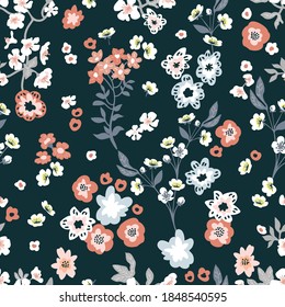 Nature garden on dark background. Seamless vector pattern.Vintage print with  inflorescences. Retro textile collection.