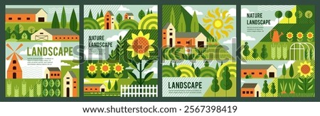 Nature garden pattern. House farm, geometry background plant. Poster agriculture, flower, green tree, forest decoration. Village abstract flat Bauhaus style. Vector geometric cartoon flat illustration