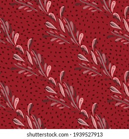 Nature garden seamless pattern with abstract fioliage print. Red dotted background. Botanic leaves backdrop. Designed for fabric design, textile print, wrapping, cover. Vector illustration.