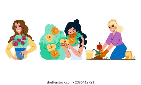 nature garden woman planting flowers vector. pot summer, growing female, er spring nature garden woman planting flowers character. people flat cartoon illustration