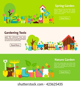 Nature and Gardening Tools Flat Horizontal Banners. Vector Illustration for Website Header. Garden Items Flat Design.
