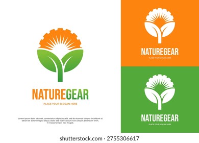 Nature gear logo template showing leaves and a half gear or sun. Great for eco industries, agricultural technology, and environmental engineering.