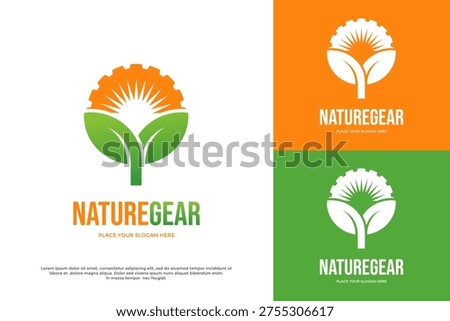 Nature gear logo template showing leaves and a half gear or sun. Great for eco industries, agricultural technology, and environmental engineering.