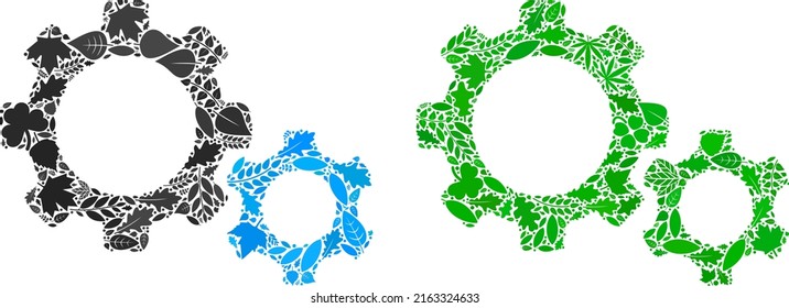La composición de los iconos de la naturaleza de las hojas de hierbas en tintes de color verde y natural. Plantilla de vector de entorno ecológico para el icono de engranajes. La imagen vectorial de los engranajes se compone de partes vegetales.