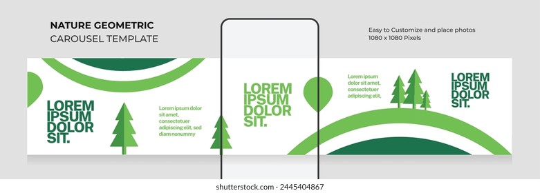 Nature geometric carousel template. Editable. Modern. Minimalist. Clean. Social media carousel for vegan, green, organic. EPS vector illustration.