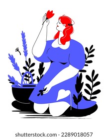 Nature and girl - colorful flat design style illustration with linear elements. Red and blue colored composition with beautiful woman surrounded by herbs, collecting them in a basket. Plants