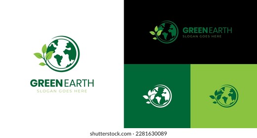 nature globe and earth leaf logo icon design, Planet Earth with plant graphic element, symbol, sign for green Earth Day concept logo template