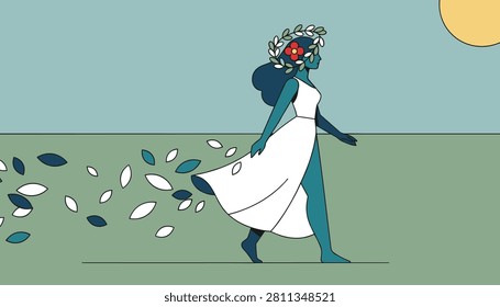 Nature goddess or spring personification wearing a white dress and flower wreath walking gracefully under the sun.