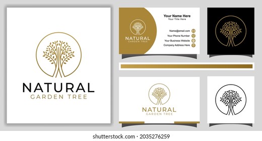 nature golden branched tree of life with line art style logo design for decoration, garden forest with business card