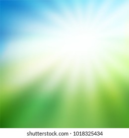 Nature gradient backdrop with bright sun rays. Abstract green and blue blurred background. Ecology concept for your graphic design, banner or poster. Vector illustration