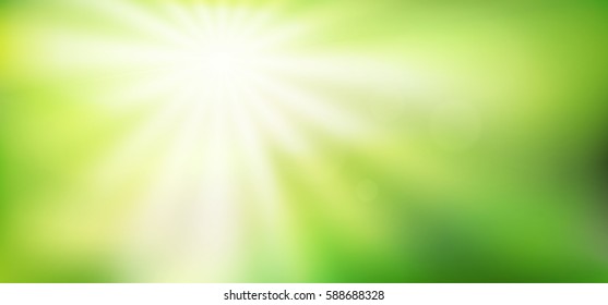 Nature gradient backdrop with bright sun rays. Abstract green blurred background with sunlight. Ecology concept for your graphic design, banner or poster. Vector illustration.