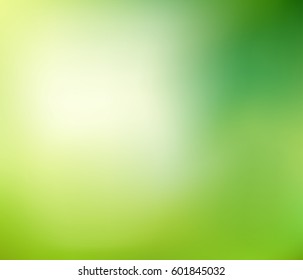 Nature gradient backdrop with bright sunlight. Abstract green blurred background. Ecology concept for your graphic design, banner or poster. Vector illustration.