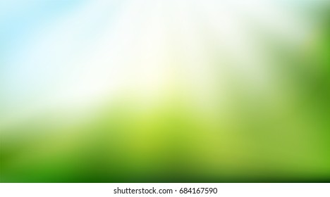 Nature gradient backdrop with bright sunlight. Abstract green blurred background. Ecology concept for your graphic design, website, banner or poster. Vector illustration