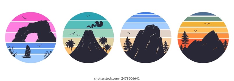 Nature gradient badges. Mountains 80s style badges, circle mountain sunrise grunge emblems flat vector illustration set. Sunset landscape stamps