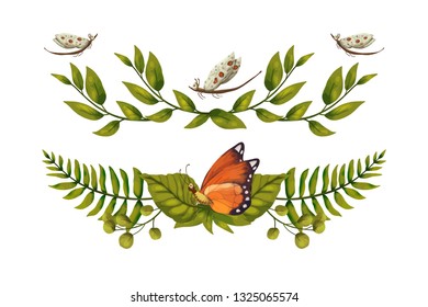 Nature graphics vector dividers with bugs. 3d insects and leaves. Tropic card, elements for frames and print decoration. Isolated spring set.