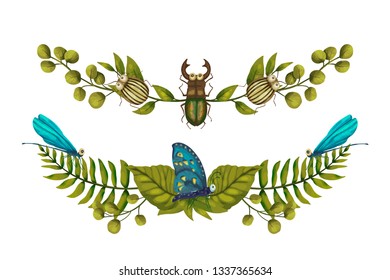 Nature graphics vector dividers with bugs. 3d insects. Tropic card, elements for frames and print decoration. Isolated spring set. Stag beetle, butterfly, dragonfly.