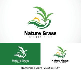 nature grass logo creative leaf sun design concept garden farmer